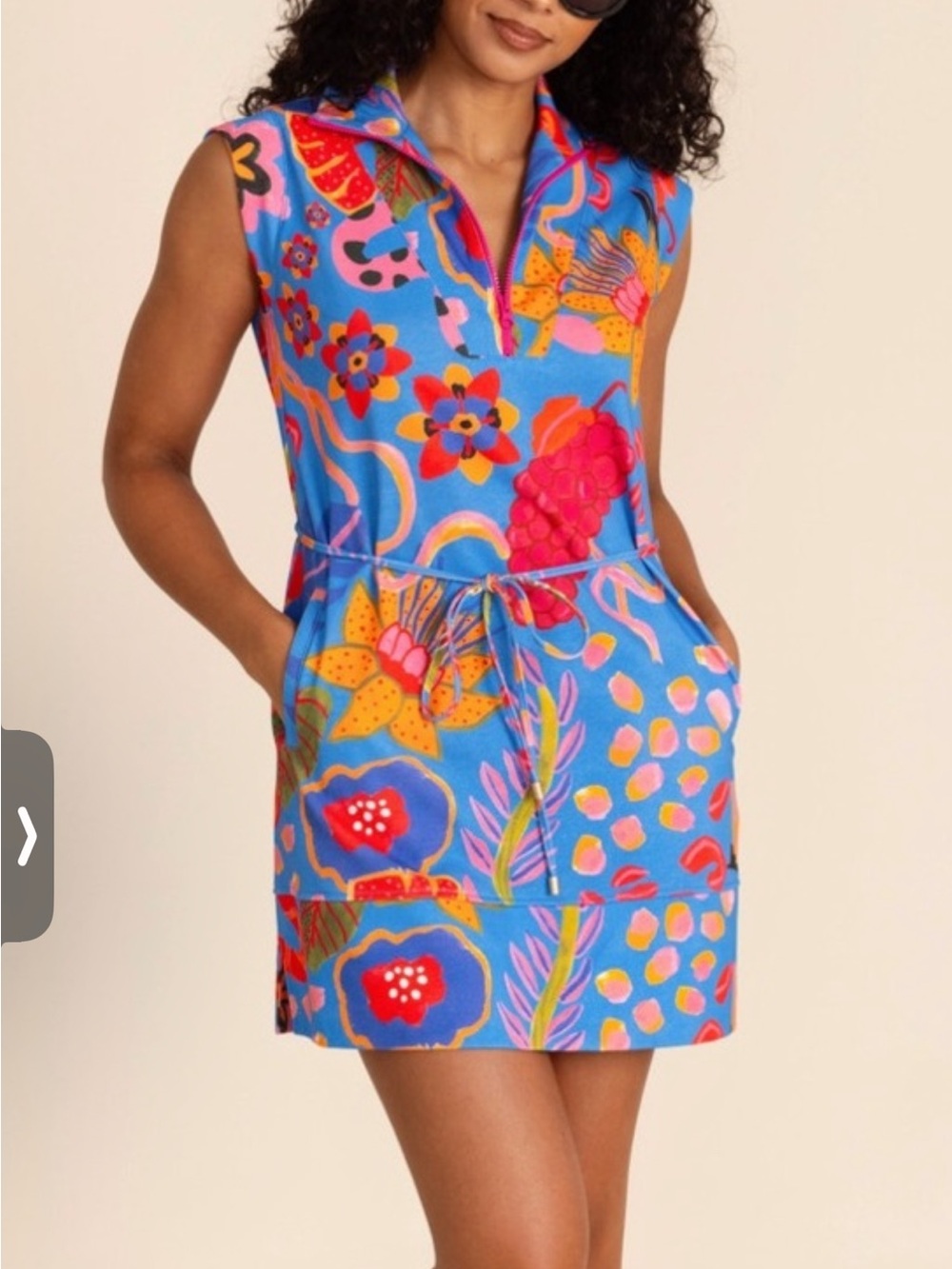 Sleeveless Bright Blue Floral Drawstring Mini Dress